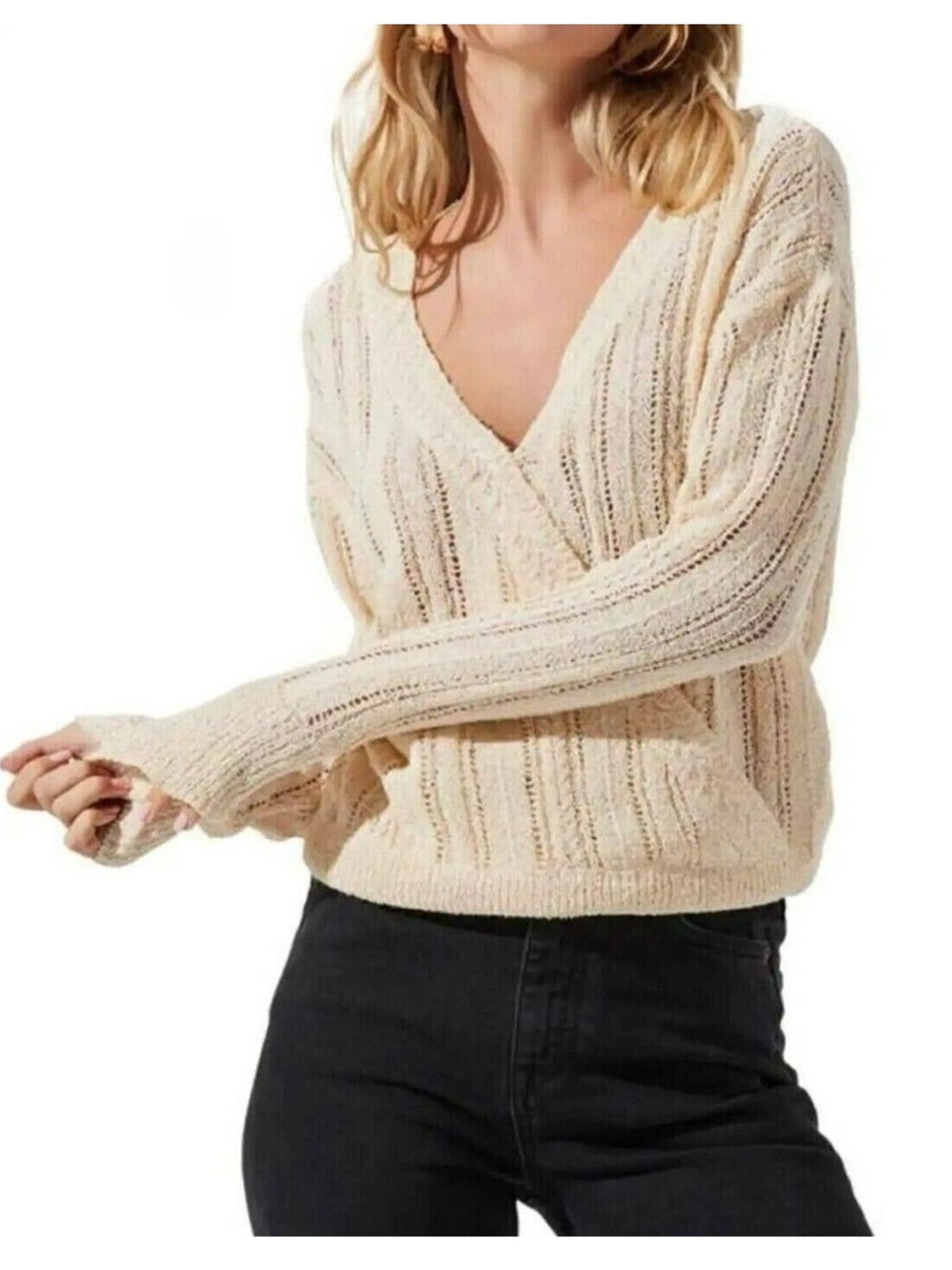 NWT ASTR The Label Wrap Front Sweater Cream Knit Pointelle Small